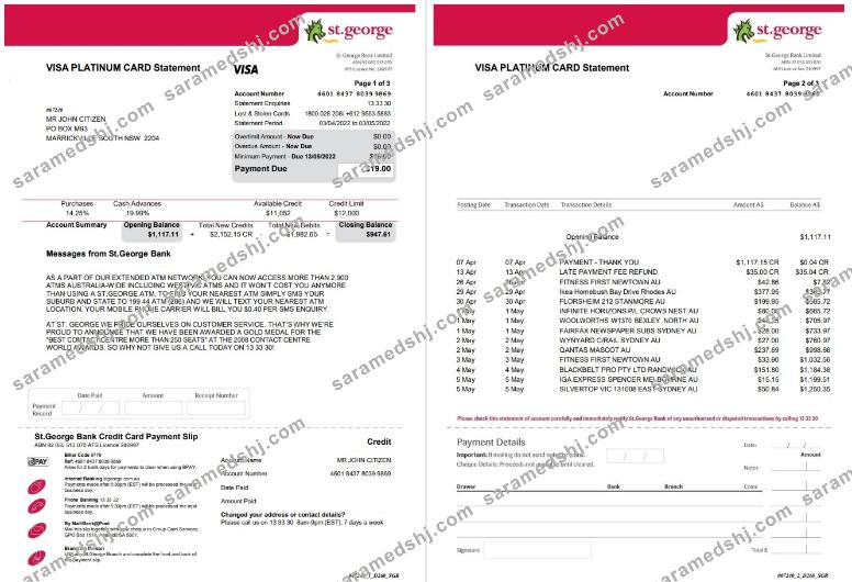USA St. George bank visa card statement 3 pages